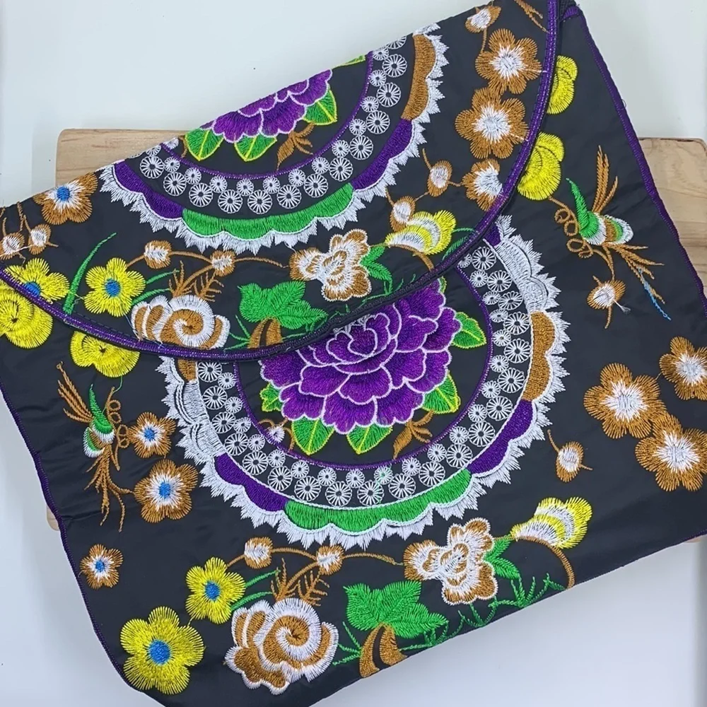 Floral Embroidery Boho Sling Bag & Wallet Set Colorful Polyester Crossbod Purse